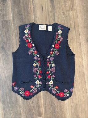 Navy Floral Embroidered Knit Vest